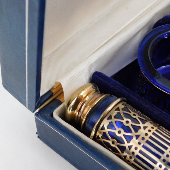 Eales 1779 Cobalt Blue Silverplate 6 Piece Salt Pepper Cellar Shaker Set Vintage - Picture 13 of 14